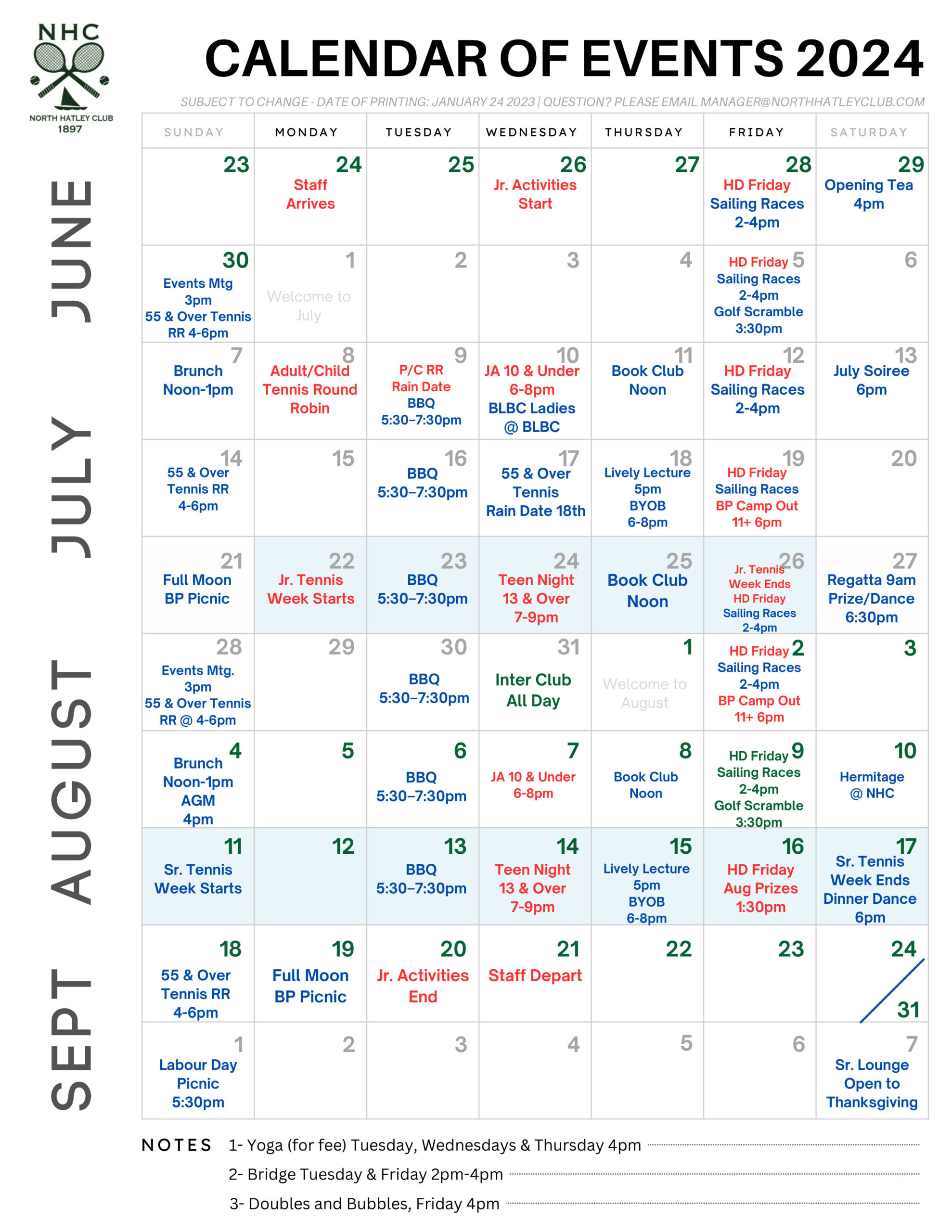 Annual Club Calendar North Hatley Club Inc